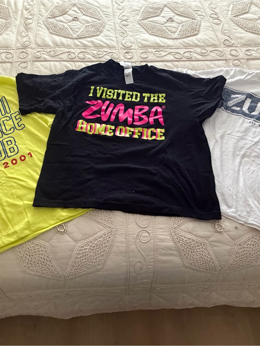 Zumba Fitness Neon Yellow Tee with Blue and Red Print